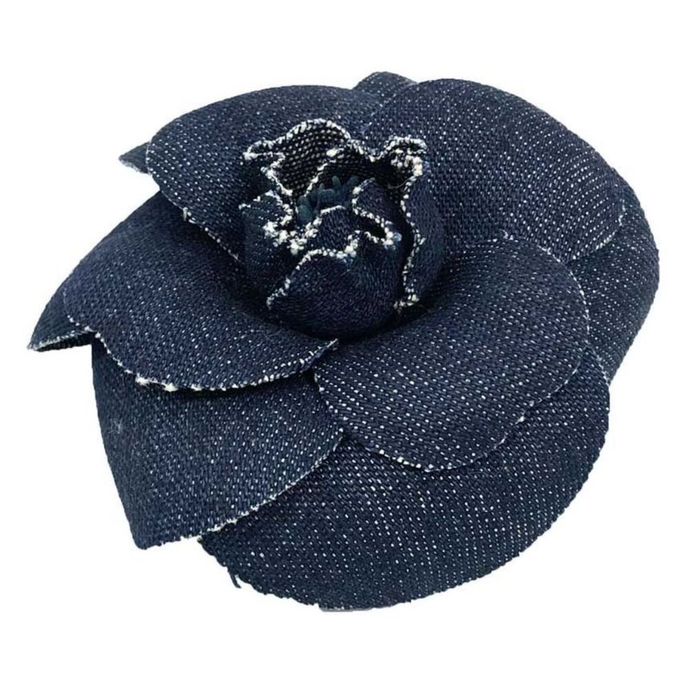 Chanel Camellia Corsage Brooch Flower Denim Navy Vintage Blue